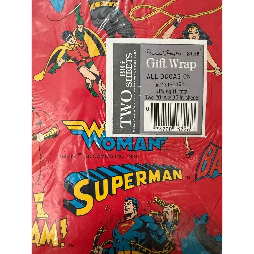 1981 DC Comics Gift Wrap NOS Superman Batman Wonder Woman 2 Sheets Red Deadstock